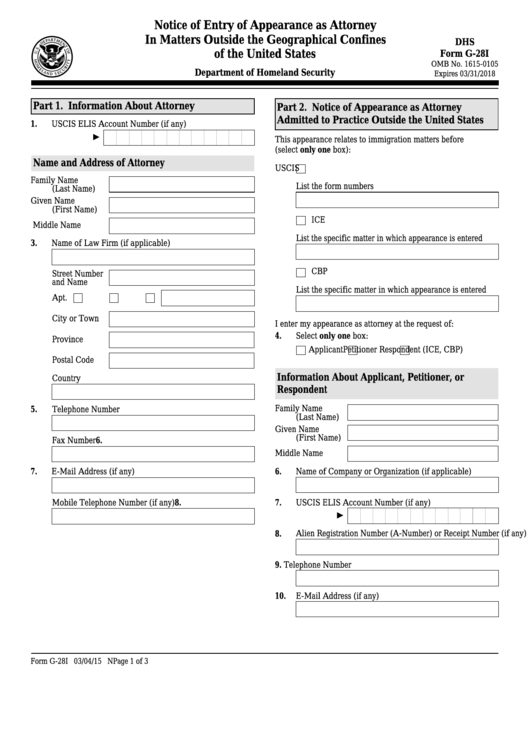 Fillable Form G-281 - Notice Of Entry Of Appearance As Attorney In Matters Outside The Geographical Confines Of The United States Printable pdf