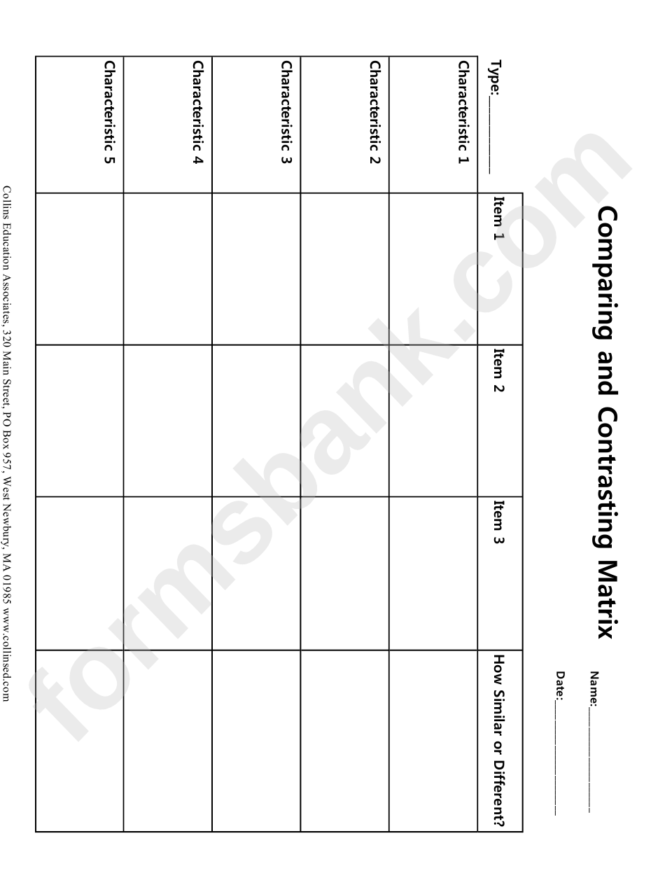 Compare & Contrast Matrix Sheet - 3 Items X 5 Characteristics