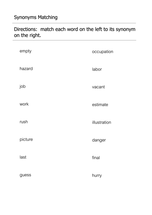 Synonyms Matching Worksheet Printable pdf