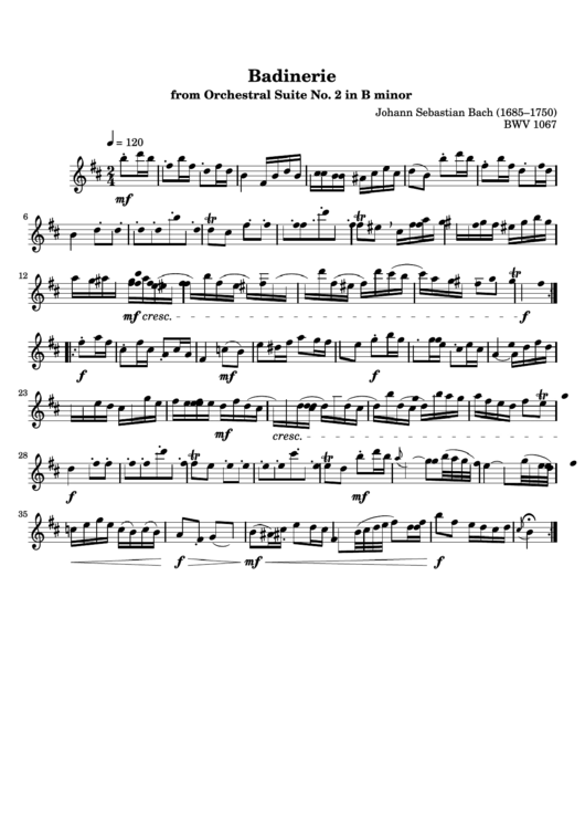 Badinerie From Orchestral Suite No. 2 In B Minor By Bach - Flute Sheet Music Printable pdf