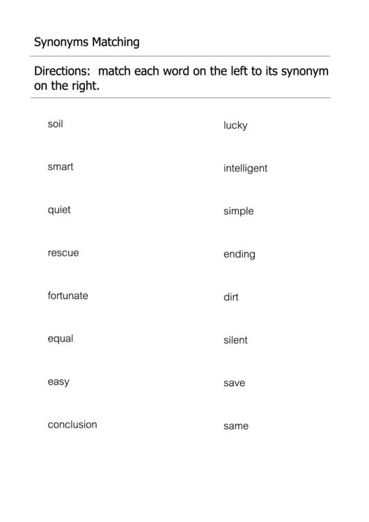 Synonyms Matching Worksheet Printable pdf