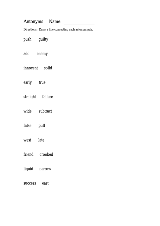 Matching Antonyms Worksheet Printable pdf