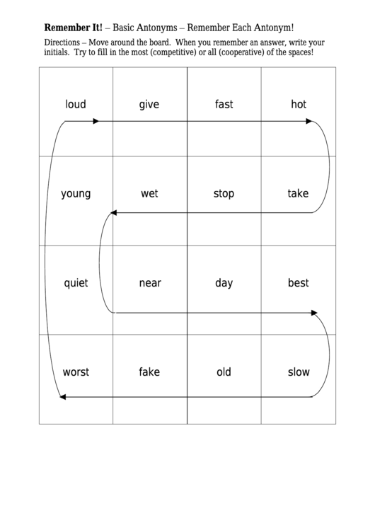 Basic Antonym Snake Worksheet Printable pdf