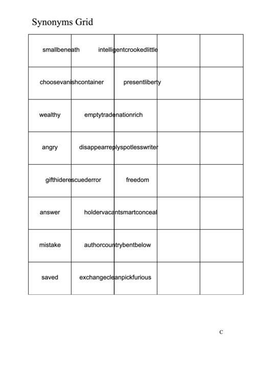 Synonyms Grid Worksheet Printable pdf