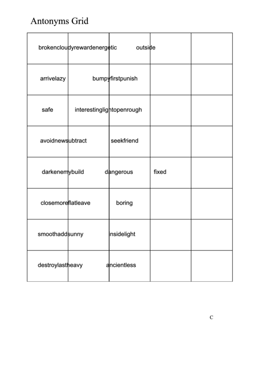 Antonyms Grid Worksheet Printable pdf