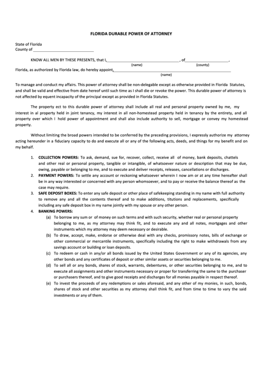 Fillable Florida Durable Power Of Attorney Form Printable pdf