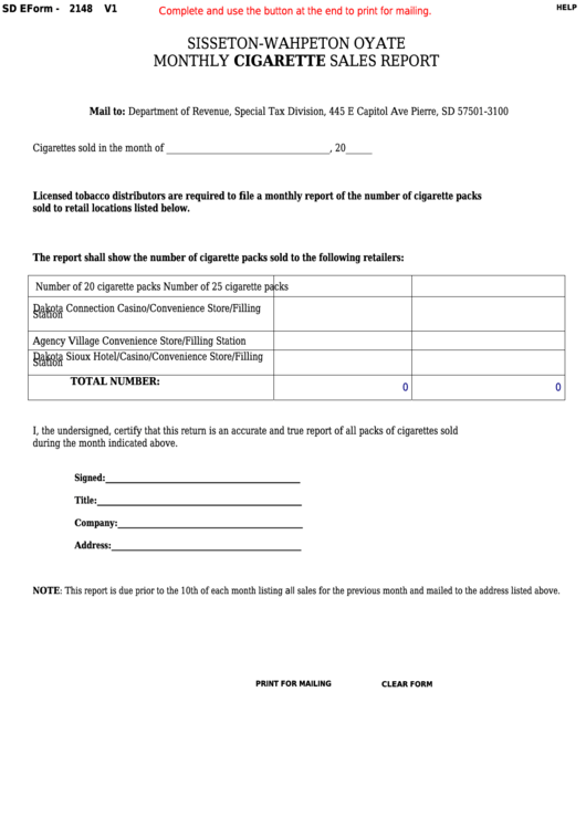 Fillable Form 2148 - South Dakota Sisseton-Wahpeton Oyate Monthly Cigarette Sales Report Printable pdf