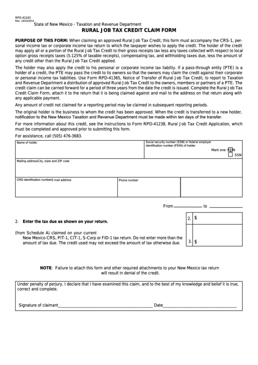 Form Rpd-41243 - New Mexico Rural Job Tax Credit Claim Form Printable pdf