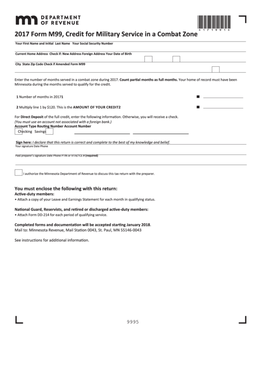 Fillable Form M99 - Minnesota Credit For Military Service In A Combat Zone - 2017 Printable pdf