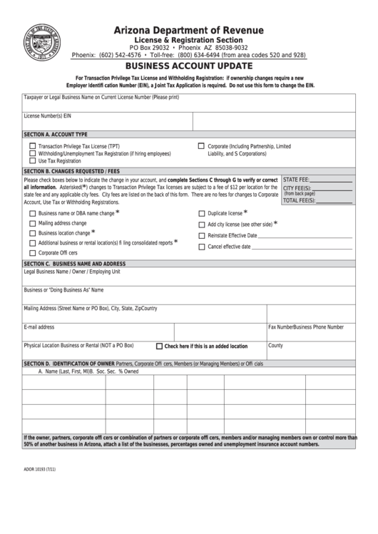 Fillable Business Account Update Form - Arizona Department Of Revenue Printable pdf