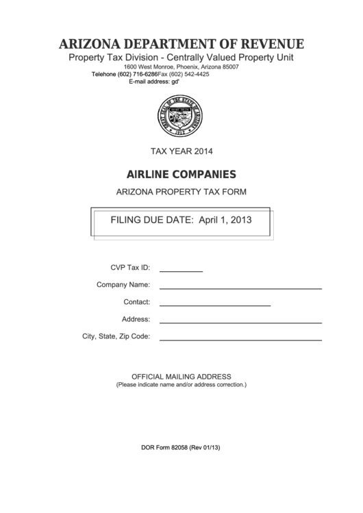 Arizona Property Tax Form - Airline Companies - 2014 Printable pdf
