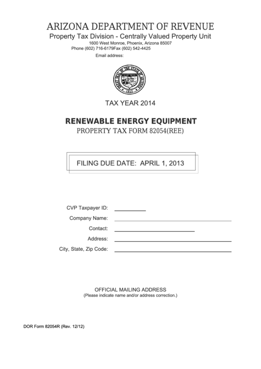 Property Tax Form 82054 (Ree) - Renewable Energy Equipment - 2014 Printable pdf