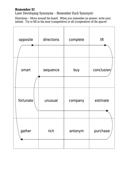 Later Developing Synonyms Snake Worksheet Printable pdf