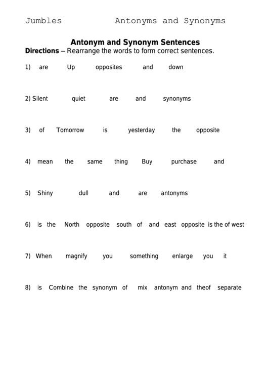 Antonym And Synonym Sentences Worksheet Printable pdf