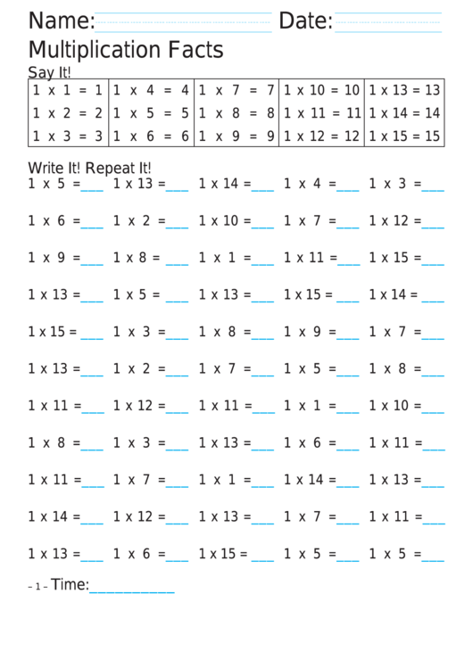 Multiplication Practice Worksheets - From 1 To 15 Printable pdf
