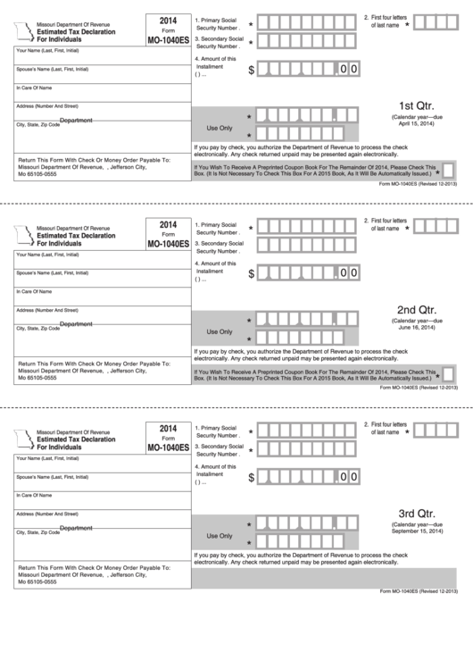 Fillable Form Mo-1040es - Estimated Tax Declaration For Individuals - 2014 Printable pdf