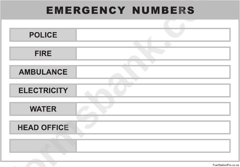 Blank Emergency Numbers List Template - Grayscale