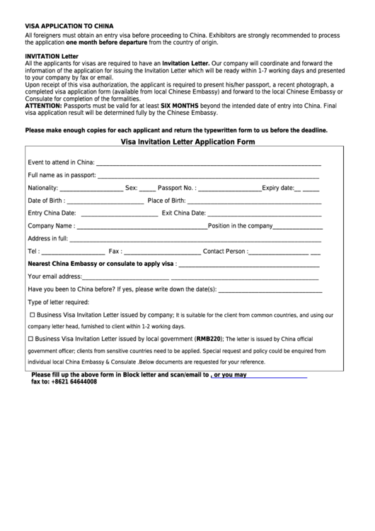 Visa Invitation Letter Application Form Printable pdf