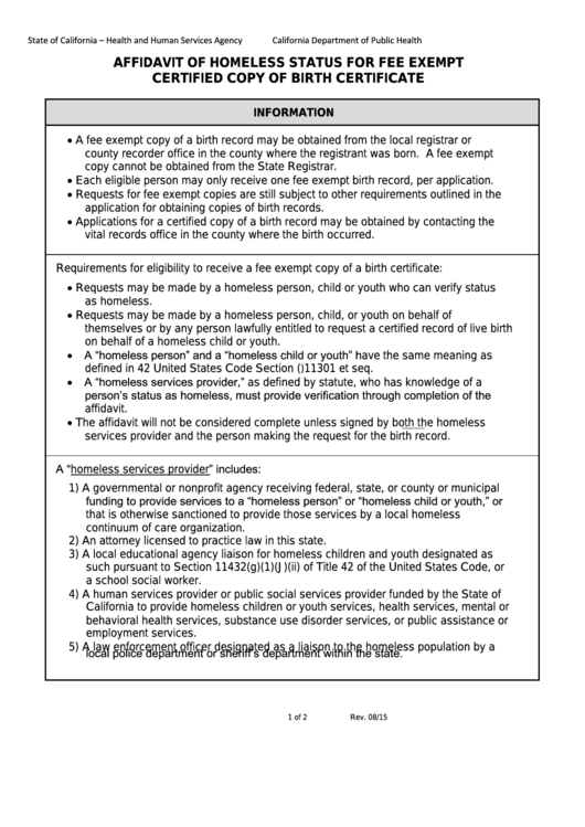 Fillable Affidavit Of Homeless Status Fee Waiver Application Form - California Department Of Public Health Printable pdf