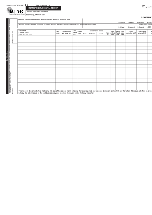 Fillable Form Sev G-3 - Monthly Incapable Well Report Printable pdf