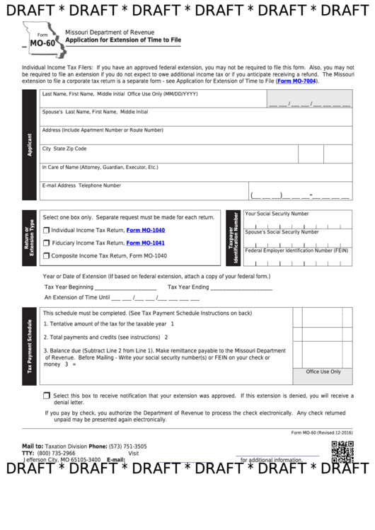 Form Mo-60 Draft - Application For Extension Of Time To File Printable pdf