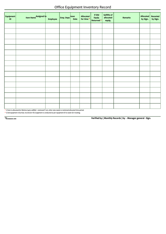 Office Equipment Inventory Record Spreadsheet Template Printable pdf