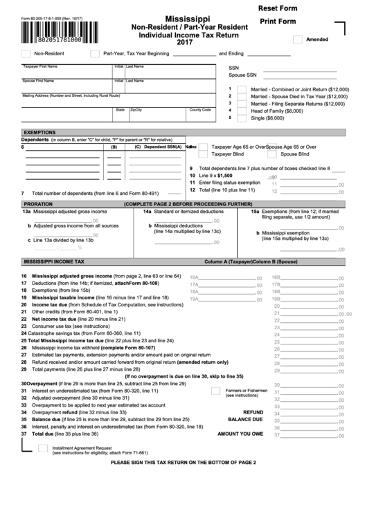 Form 80-205-17-8-1-000 - Mississipi Non-resident/part-year Resident Individual Income Tax Return - 2017
