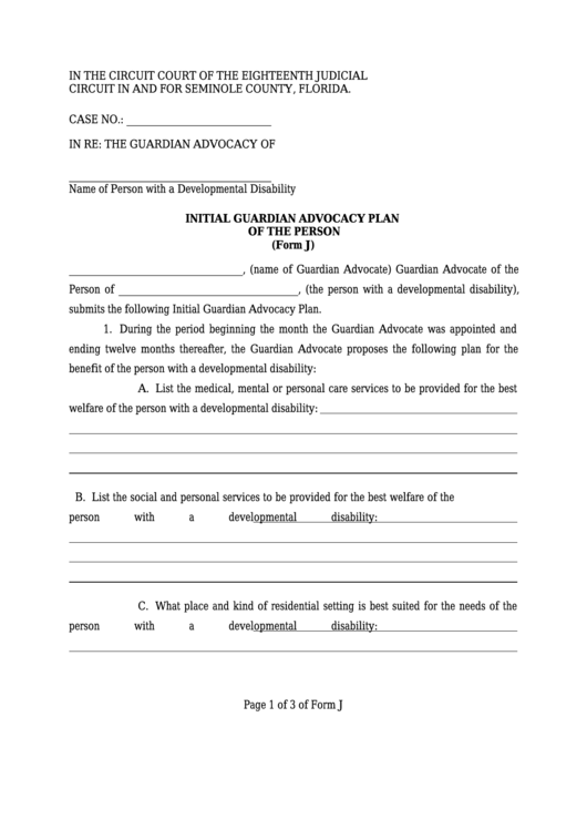 Form J - Initial Guardian Advocacy Plan Of The Person Printable pdf