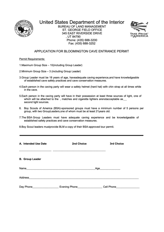 Fillable Application For Bloomington Cave Entrance Permit - United States Department Of The Interior Printable pdf