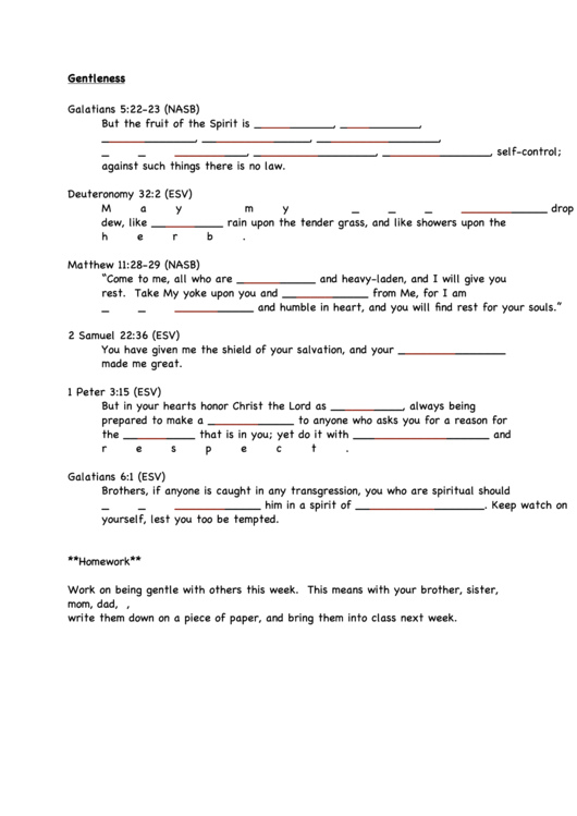 Holy Bible Worksheet - Gentleness - With Answers Printable pdf