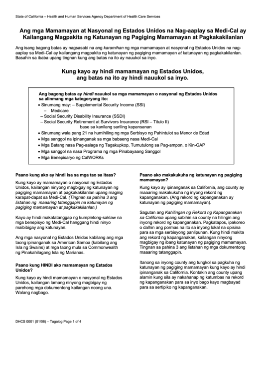 Form Dhcs 0001 - California U.s. Citizens And Nationals Applying For Medi-Cal Must Show Proof Of Citizenship And Identity (Tagalog) - Health And Human Services Agency Printable pdf