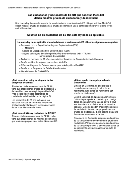 Form Dhcs 0001 - California U.s. Citizens And Nationals Applying For Medi-Cal Must Show Proof Of Citizenship And Identity (Spanish) - Health And Human Services Agency Printable pdf