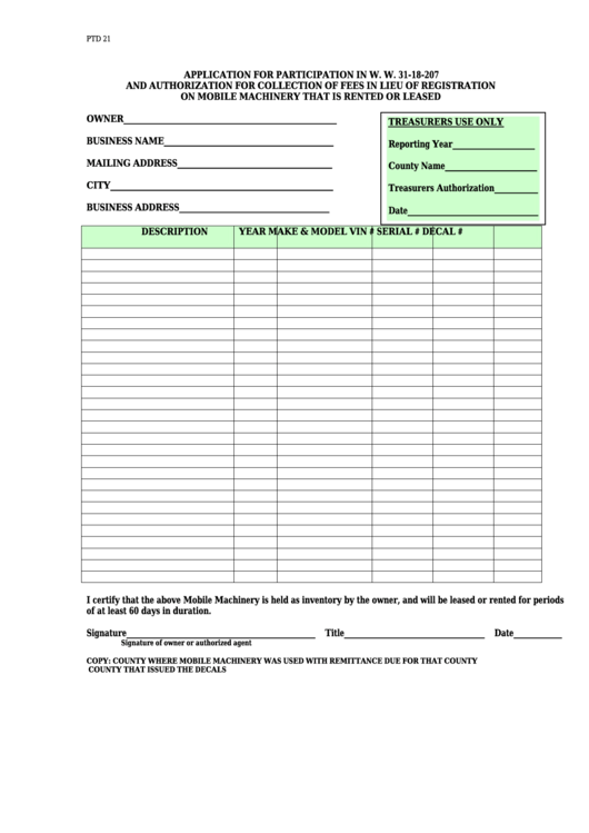 Form Ptd 21 - Wyoming Application For Participation In W. W. 31-18-207 And Authorization For Collection Of Fees In Lieu Of Registration On Mobile Machinery That Is Rented Or Leased Printable pdf