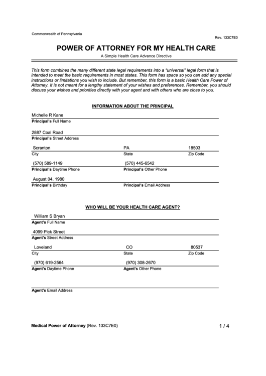 Form Rev 133c7e0 - Pa Power Of Attorney For My Health Care - Medical Power Of Attorney Printable pdf
