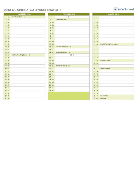 Fillable 2018 Quarterly Calendar Template - Smartsheet Printable pdf
