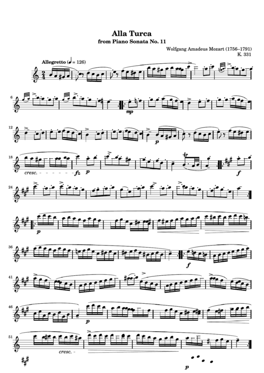 Alla Turca From Piano Sonata No. 11 By Mozart - Flute Sheet Music Printable pdf