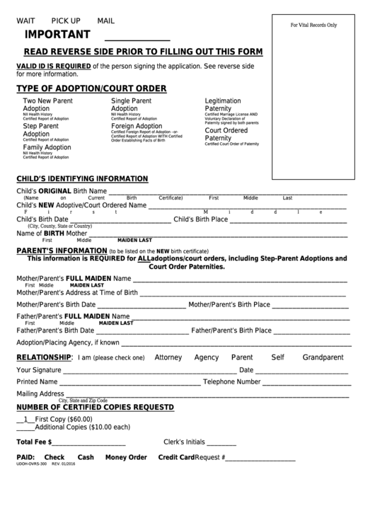 Fillable Udoh-Ovrs-300 - Application For Birth Certificate Printable pdf