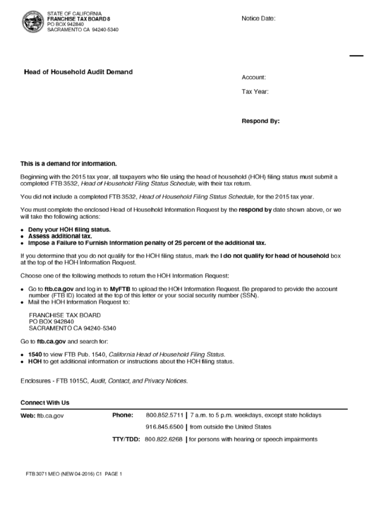 Form Ftb 3071 Meo - Head Of Household Information Request Printable pdf