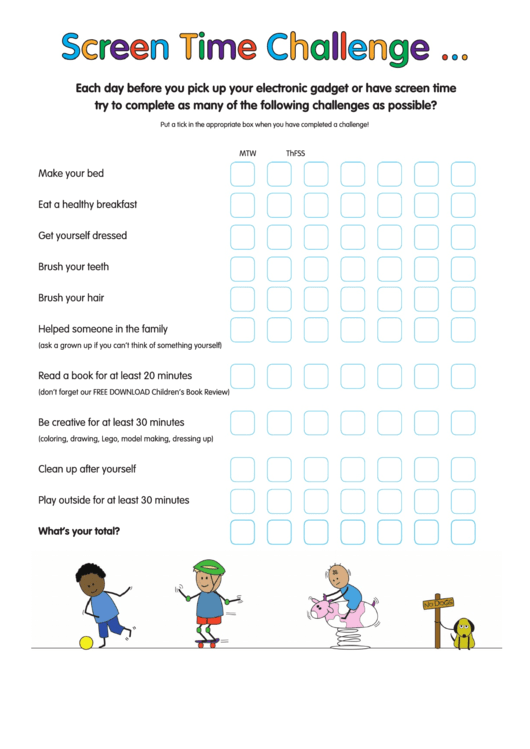 Screen Time Challenge (Us Version) Weekly Behavior Chart Printable pdf