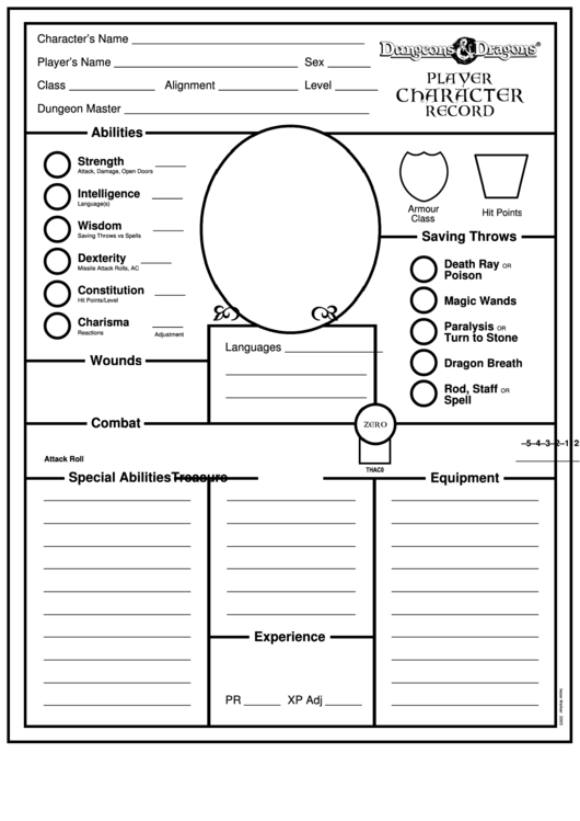 Download Dungeons And Dragons Player Character Record Sheet printable pdf download