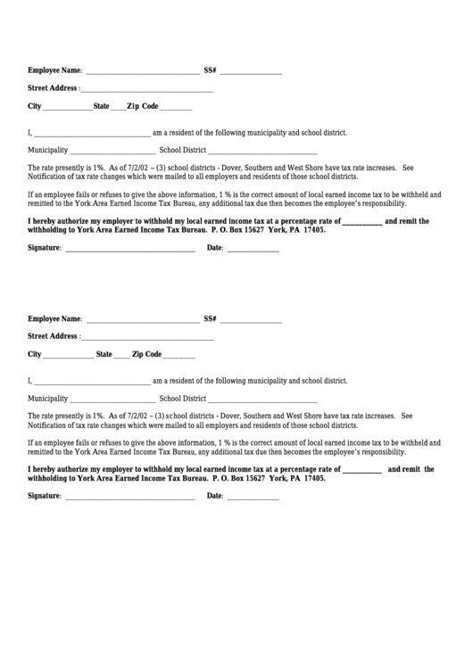 Authorization Form - York Area Earned Income Tax Bureau Printable pdf