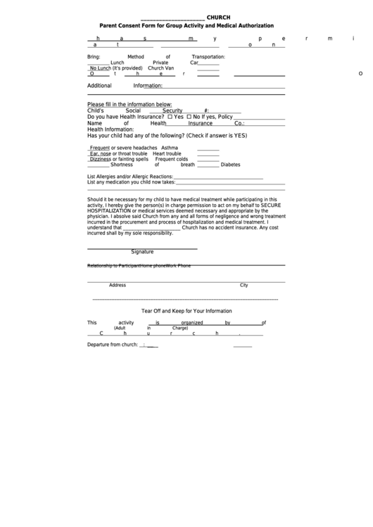 Church Parent Consent Form For Group Activity And Medical Authorization Printable pdf
