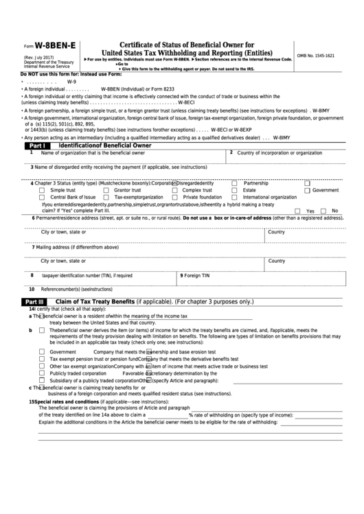 Form W 8ben E Certificate Of Status Of Beneficial Owner For United States Tax Withholding And Reporting Entities Printable Pdf Download