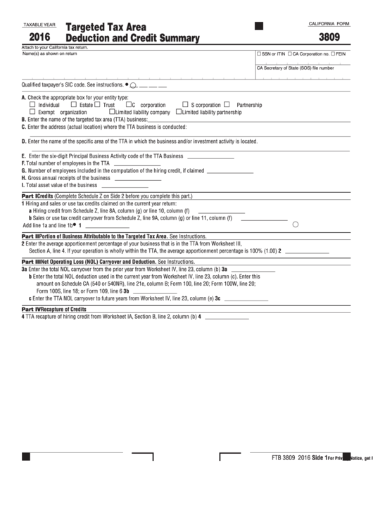 Fillable California Form 3809 - Targeted Tax Area Deduction And Credit Summary - 2016 Printable pdf