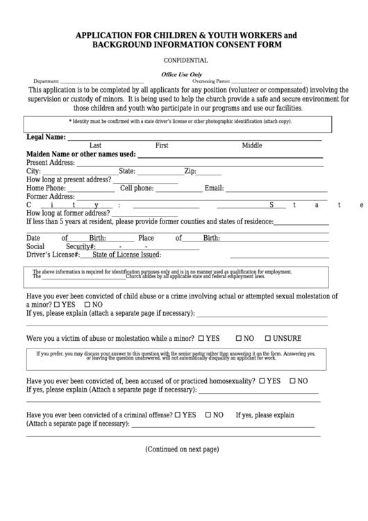 Application For Children & Youth Workers And Background Information Consent Form Printable pdf