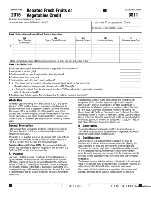 Fillable California Form 3811 - Donated Fresh Fruits Or Vegetables Credit - 2016 Printable pdf