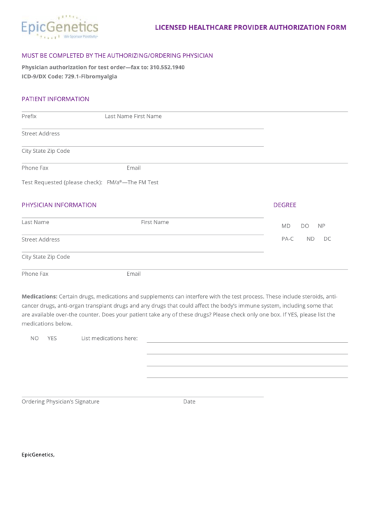 Fillable Licensed Healthcare Provider Authorization Form Printable pdf