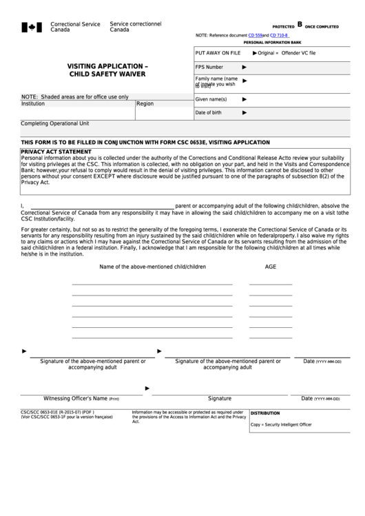 Form Csc/scc 0653-01e - Visiting Application Child Safety Waiver Printable pdf