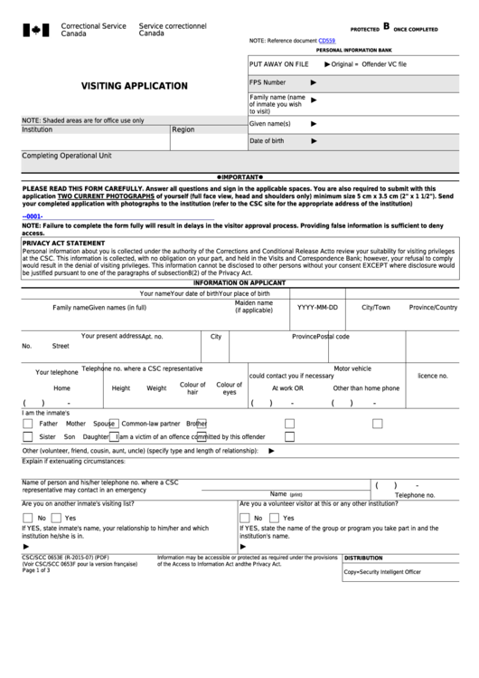 Form Csc/scc 0653e - Visiting Application And Information Form Printable pdf