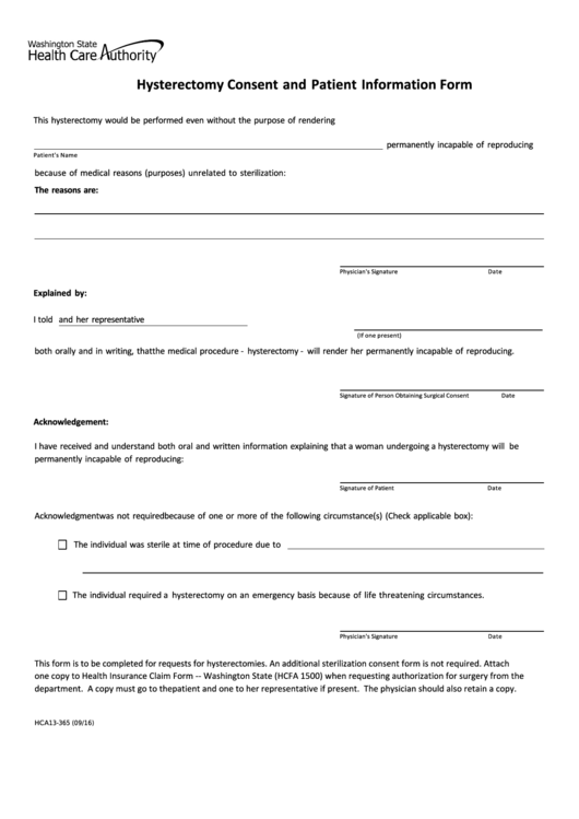 Form Hca13-365 - Hysterectomy Consent And Patient Information Form Printable pdf